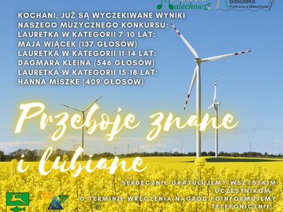 Grafika informująca o laureatach konkursu muzycznego "Przeboje znane i lubiane".