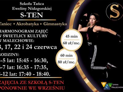 Plakat dotyczący zajęć S-TEN z tańca, akrobatyki i gimnastyki, które będą odbywać się w czerwcu w Świetlicy Kultury w Malechowie.