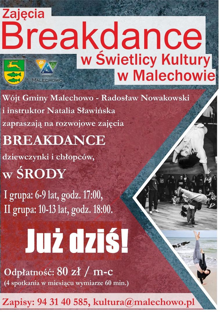 Plakat informujący o godzinach zajęć breakdance w Świetlicy Kultury w Malechowie.