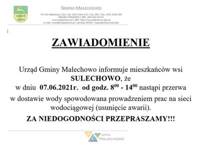 Informacja o przerwie w dostawie wody w dniu 7 czerwca br. spowodowanej usunięciem awarii.