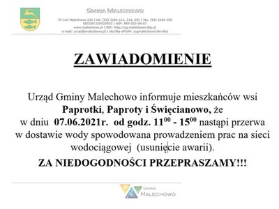 Przerwa w dostawie wody w Paprotach, Paprotkach i Święcianowie.