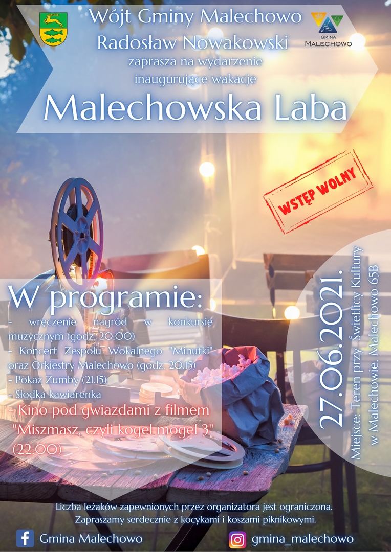 Plakat informujący o wydarzeniu inaugurującym wakacje 2021 "Malechowska Laba". 