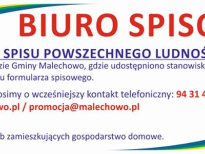 Plakat dotyczący stanowiska spisowego utworzonego w UG Malechowo na cele NSP 2021. 