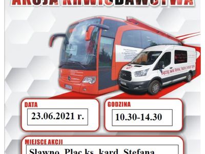 Plakat dotyczący zbiórki krwi w Sławnie 23 czerwca 2021 r.