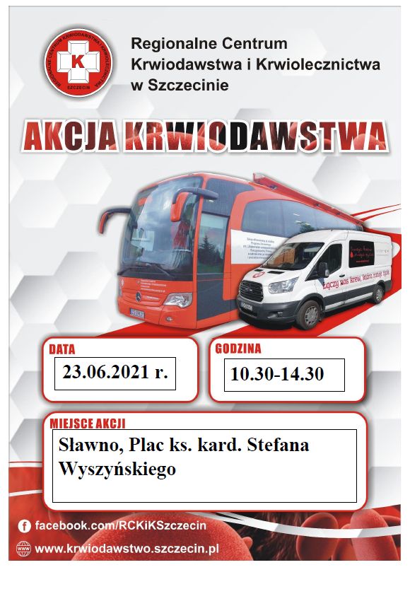 Plakat dotyczący zbiórki krwi w Sławnie 23 czerwca 2021 r.