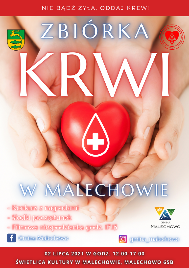 Plakat dotyczący pierwszej zbiórki krwi w Malechowie, zaplanowanej na piątek, 2 lipca 2021 r.