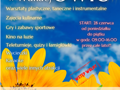Plakat dotyczący oferty wakacyjnej dla dzieci w Świetlicy Kultury w Malechowie, Wakacjowo w Malechowie.
