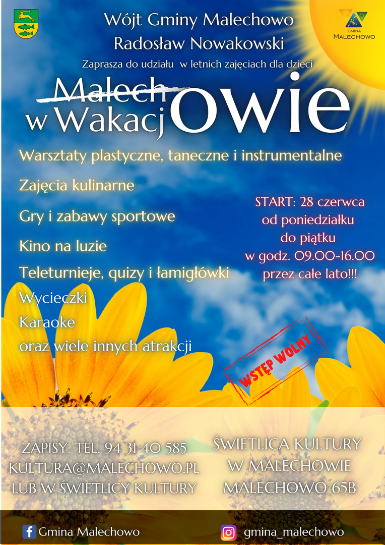 Plakat dotyczący oferty wakacyjnej dla dzieci w Świetlicy Kultury w Malechowie, Wakacjowo w Malechowie.