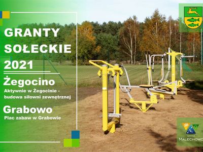 Granty Sołeckie 2021 - plakat informujący o uzyskaniu dofinansowania przez Sołectwa Grabowo i Żegocino.