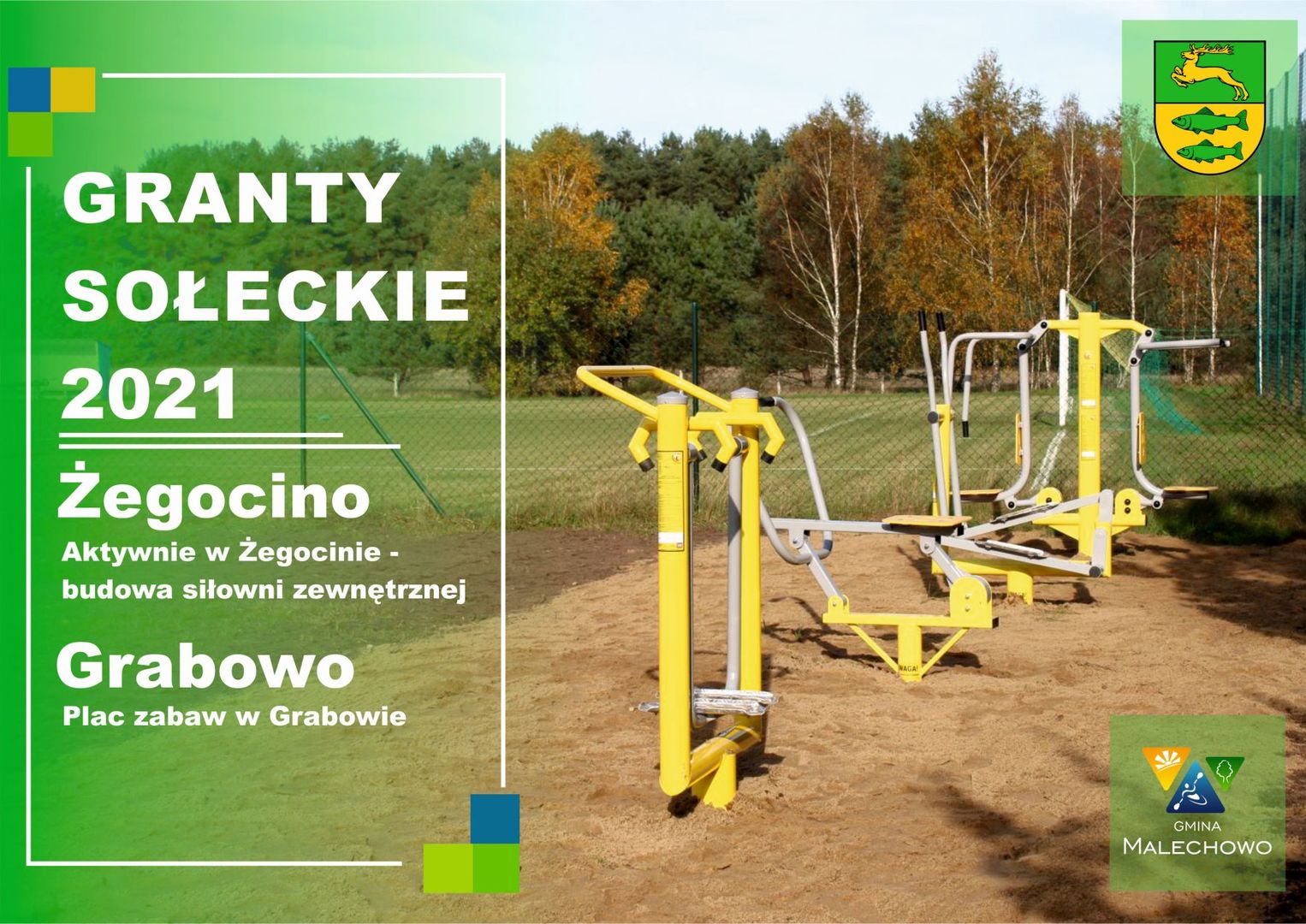 Granty Sołeckie 2021 - plakat informujący o uzyskaniu dofinansowania przez Sołectwa Grabowo i Żegocino.