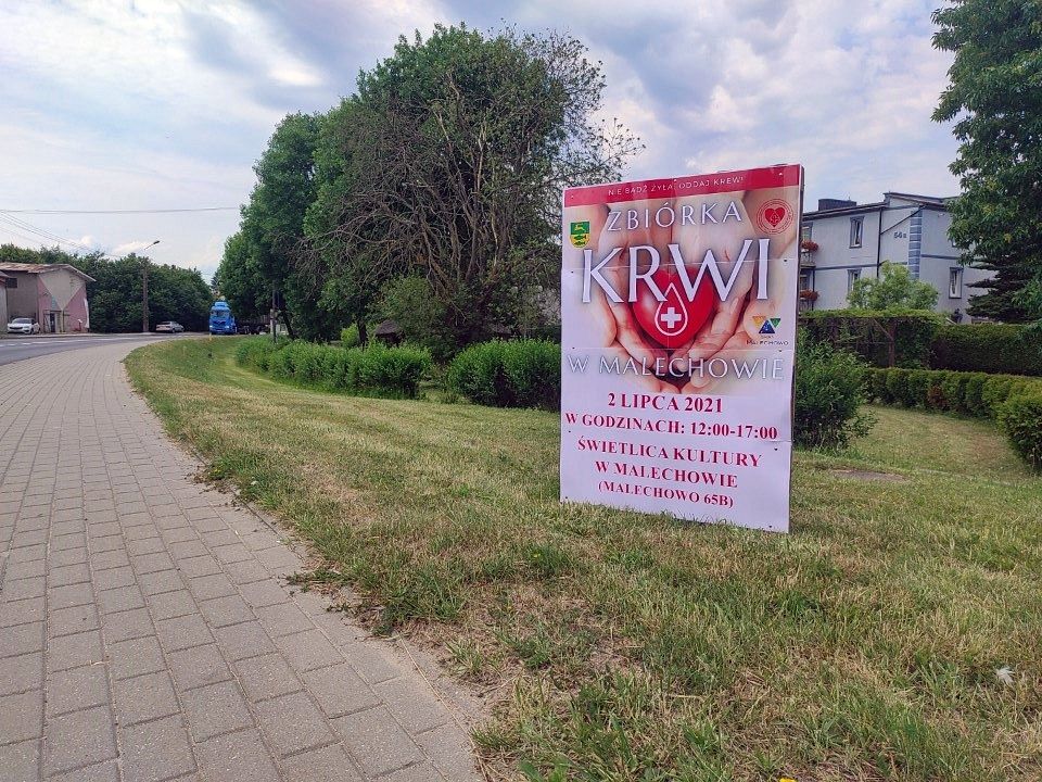 Baner promujący Pierwszą Zbiórkę Krwi w Malechowie.