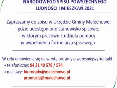 Plakat informujący o godzinach funkcjonowania stanowiska spisowego w Urzędzie Gminy Malechowo.