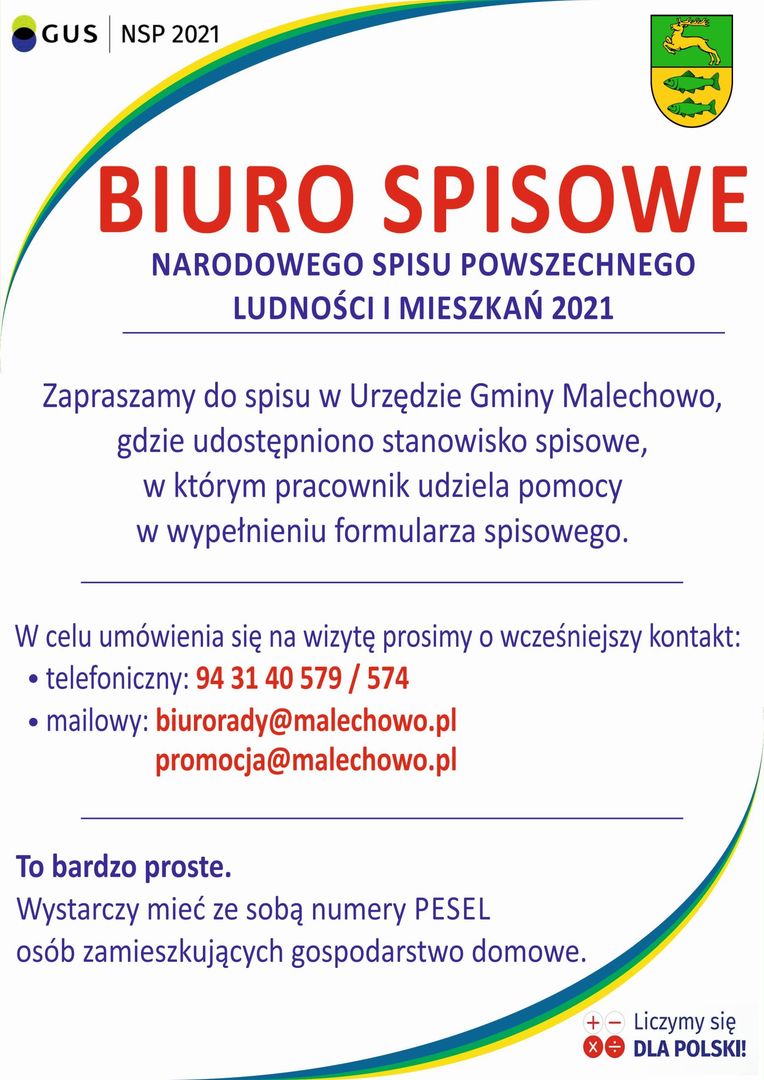 Plakat informujący o godzinach funkcjonowania stanowiska spisowego w Urzędzie Gminy Malechowo.