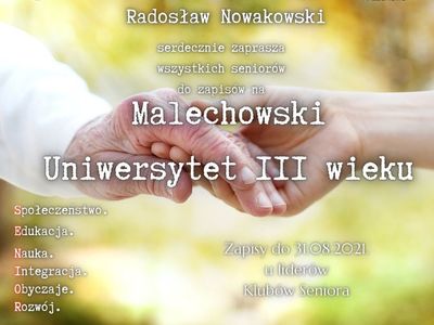 Plakat informujący o naborze do Malechowskiego Uniwersytetu III Wieku.