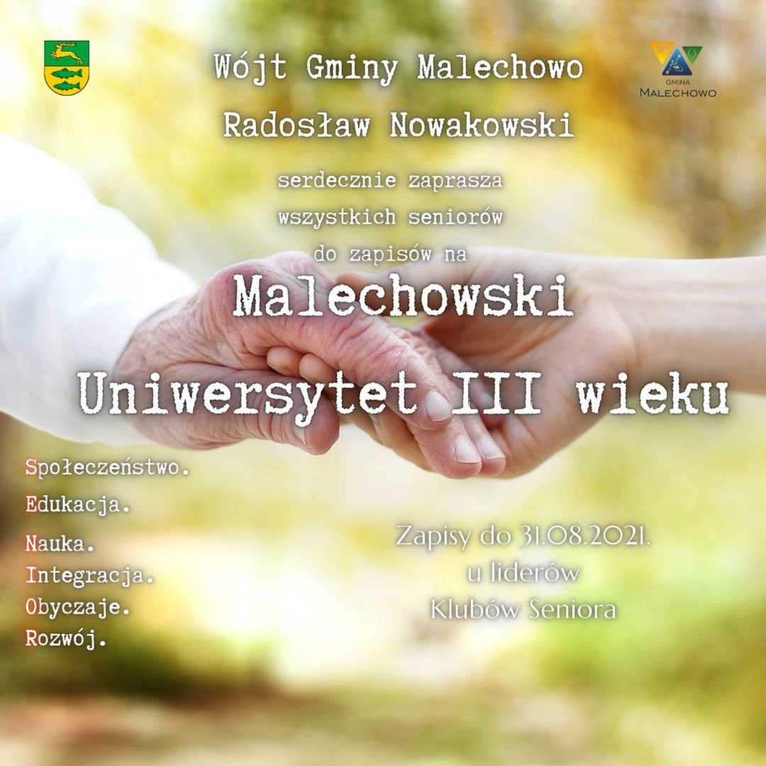 Plakat informujący o naborze do Malechowskiego Uniwersytetu III Wieku.