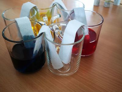 Przygotowane kolory do doświadczenia w ramach zajęć w Placówce Wsparcia Dziennego w Kusicach. 