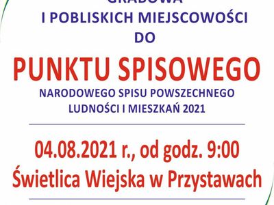 Plakat dotyczący uruchomienia punktu spisowego w świetlicy wiejskiej  w Przystawach dnia 4 sierpnia 2021 r. 