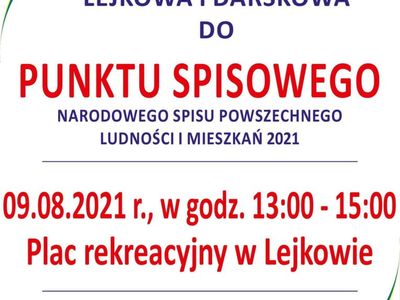 Plakat dotyczący uruchomienia punktu spisowego - teren rekreacyjny w Zielenicy dnia 09 sierpnia 2021 r. 