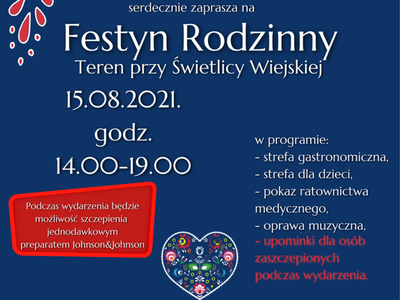 Plakat dotyczący festynu rodzinnego w Malechówku w ramach Narodowego Programu Szczepień, który odbędzie się 15 sierpnia 2021 r.
