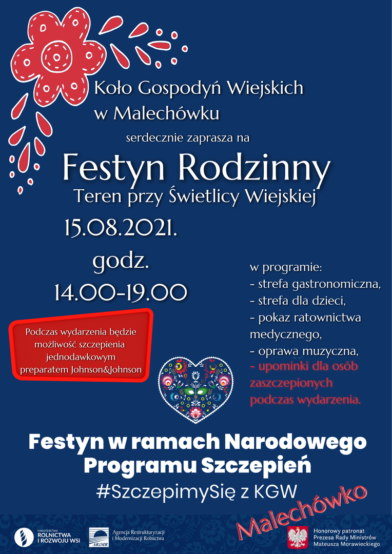 Plakat dotyczący festynu rodzinnego w Malechówku w ramach Narodowego Programu Szczepień, który odbędzie się 15 sierpnia 2021 r.