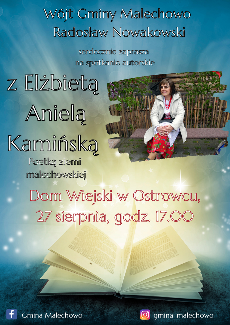 Plakat dotyczący zaproszenia na wieczór autorski z Elżbietą Anielą Kamińską, który odbędzie się w piątek - 27 sierpnia 2021 r. w Domu Wiejskim w Ostrowcu.