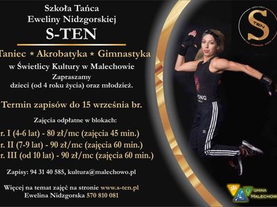 Plakat dotyczący naboru na zajęcia tańca, akrobatyki, gimnastyki w Świetlicy Kultury w Malechowie w roku szkolnym 2021 / 2022. 