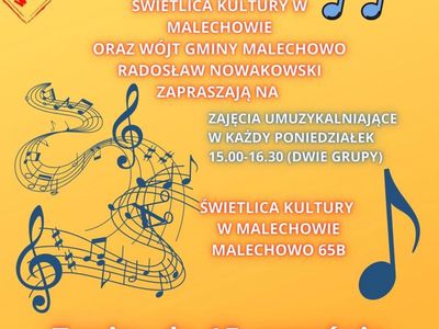 Plakat dotyczący naboru na zajęcia rytmiki w Świetlicy Kultury w Malechowie w roku szkolnym 2021 / 2022. 