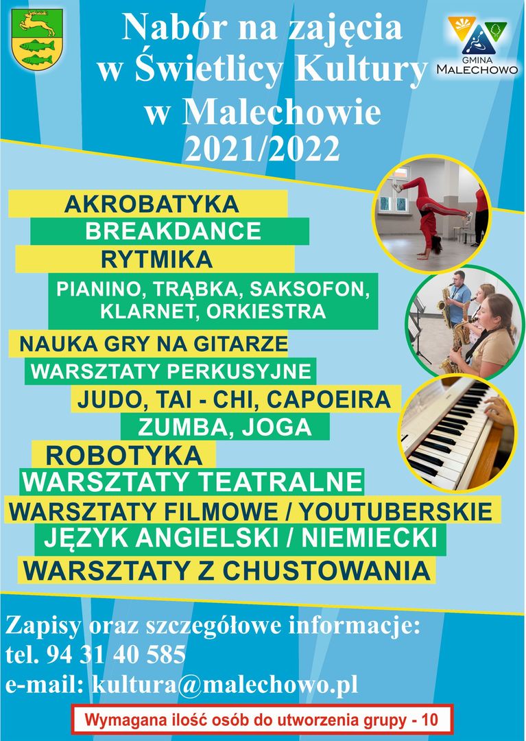 Plakat dotyczący naboru na zajęcia odpłatne i nieodpłatne w Świetlicy Kultury w Malechowie w roku szkolnym 2021 / 2022.