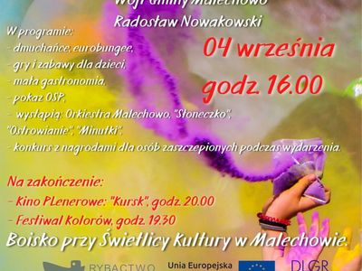 Plakat dotyczący Malechowiady, czyli festiwalu kolorów, która odbędzie się w sobotę, 4 września 2021 r. przy Świetlicy Kultury w Malechowie.