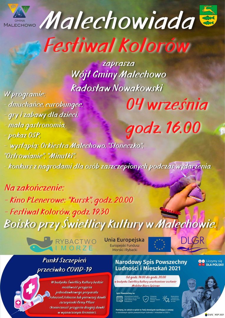 Plakat dotyczący Malechowiady, czyli festiwalu kolorów, która odbędzie się w sobotę, 4 września 2021 r. przy Świetlicy Kultury w Malechowie.