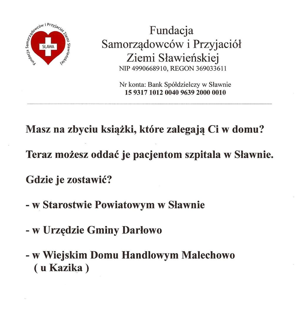 Informacja, gdzie zostawić książki w akcji prowadzonej przez Fundację Samorządowców i Przyjaciół Ziemi Sławieńskiej.