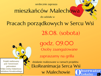Plakat zapraszający na sprzątanie Serca Wsi w Malechowie, 28 sierpnia br. o godz. 9:00.