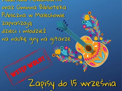 Plakat dotyczący naboru na zajęcia gitary w Domu Wiejskim w Ostrowcu.