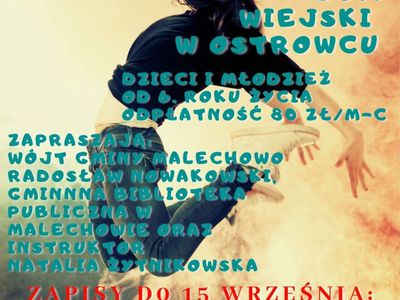 Plakat dotyczący naboru na odpłatne zajęcia breakdance w zespole Minutki w Domu Wiejskim w Ostrowcu.