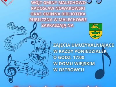 Plakat dotyczący naboru na nieodpłatne zajęcia rytmiki w zespole Minutki w Domu Wiejskim w Ostrowcu.