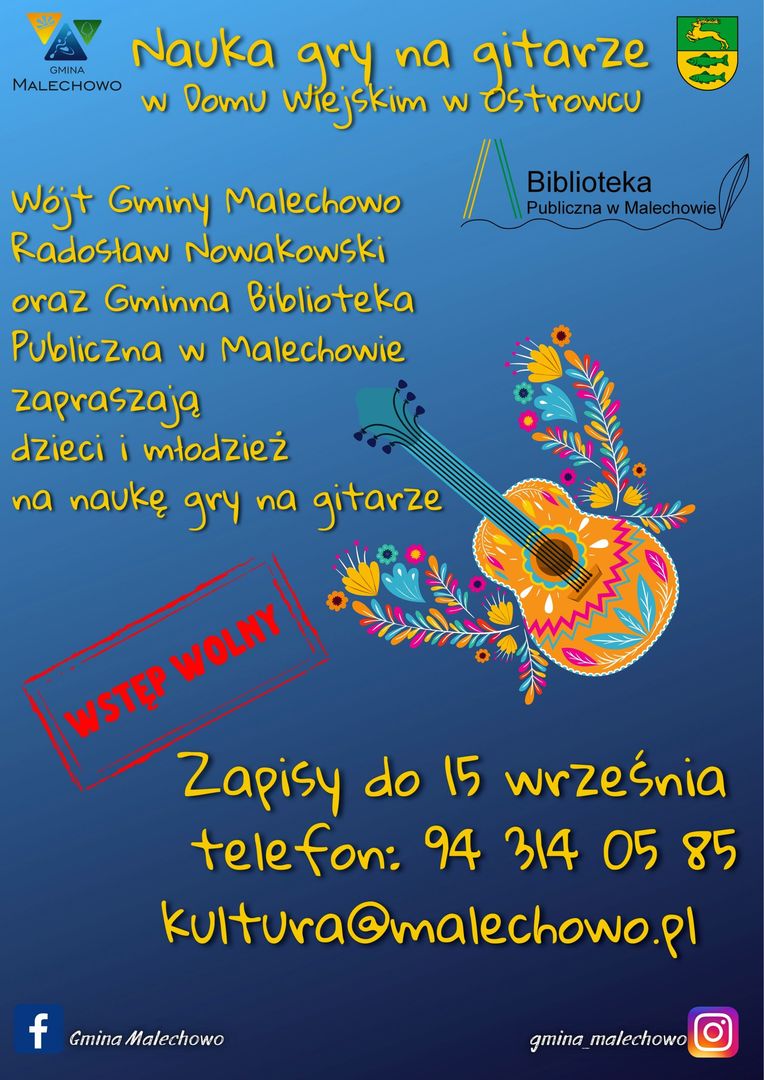 Plakat dotyczący naboru na zajęcia gitary w Domu Wiejskim w Ostrowcu.