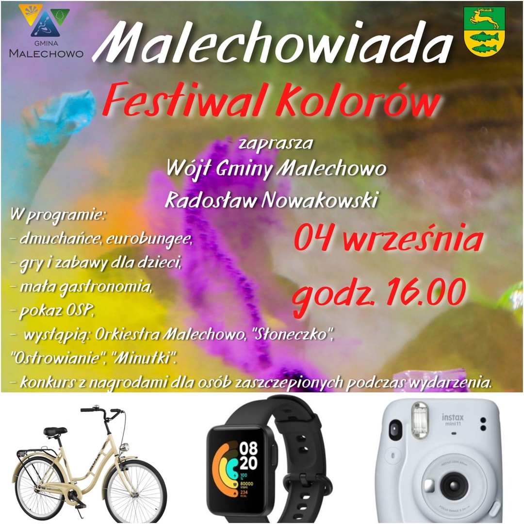 Plakat dotyczący Malechowiady i nagród do wygrania w konkursie dla osób zaszczepionych podczas sobotniego wydarzenia.