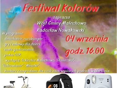 Plakat dotyczący Malechowiady i nagród do wygrania w konkursie dla osób zaszczepionych podczas sobotniego wydarzenia.