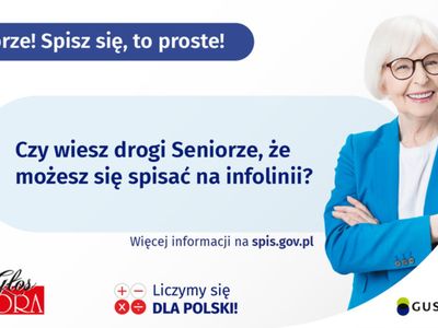 Plakat informujący seniorów o możliwości spisania się przez telefon.