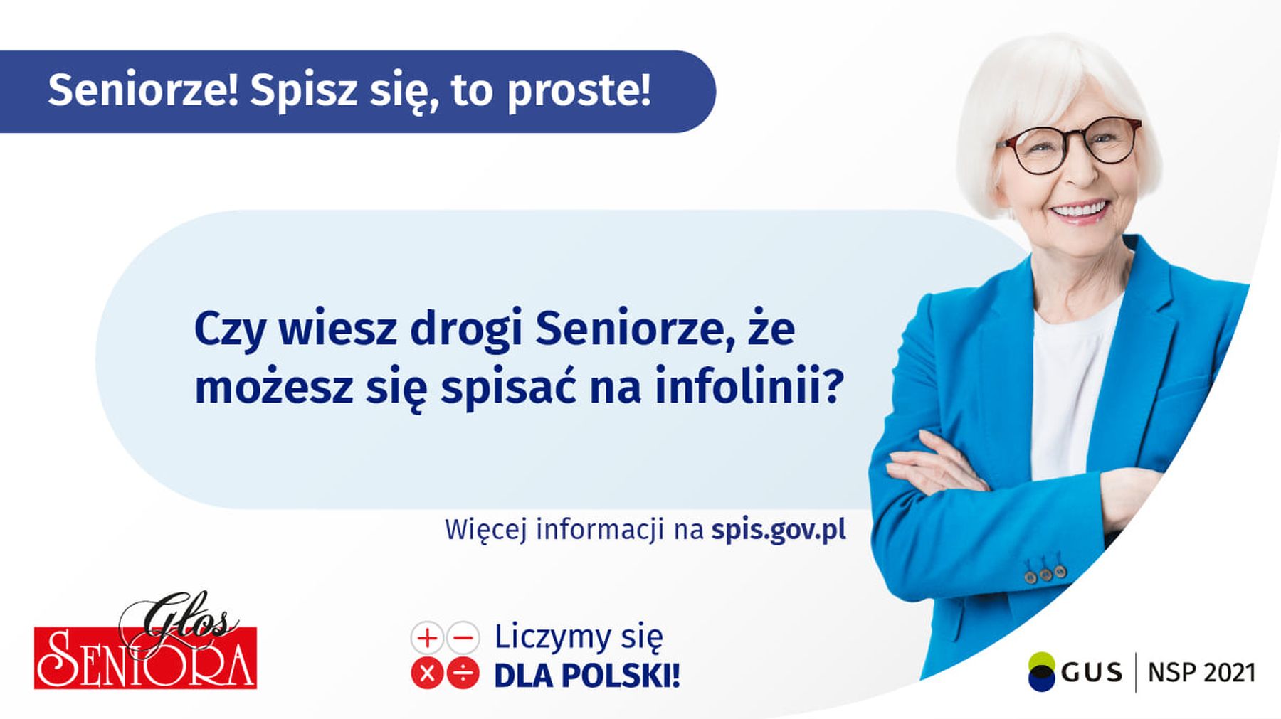 Plakat informujący seniorów o możliwości spisania się przez telefon.