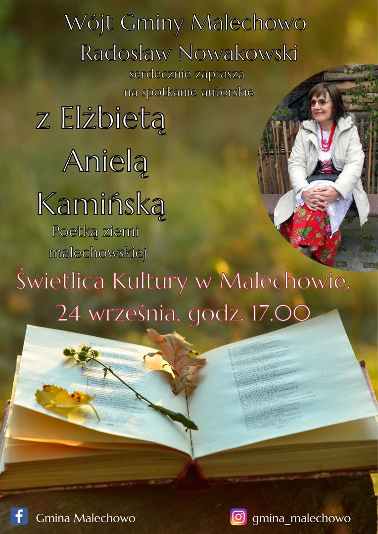Plakat informujący o wieczorze autorskim z Elżbietą Kamińską w Świetlicy Kultury w Malechowie.