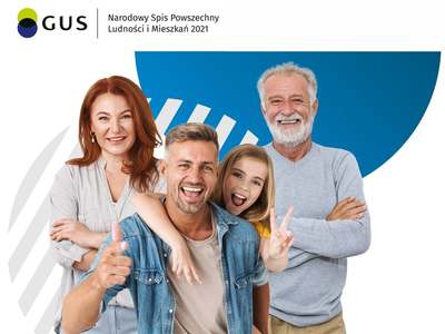 Plakat z czterema osobami informujący o trwającym Narodowym Spisie Powszechnym.
