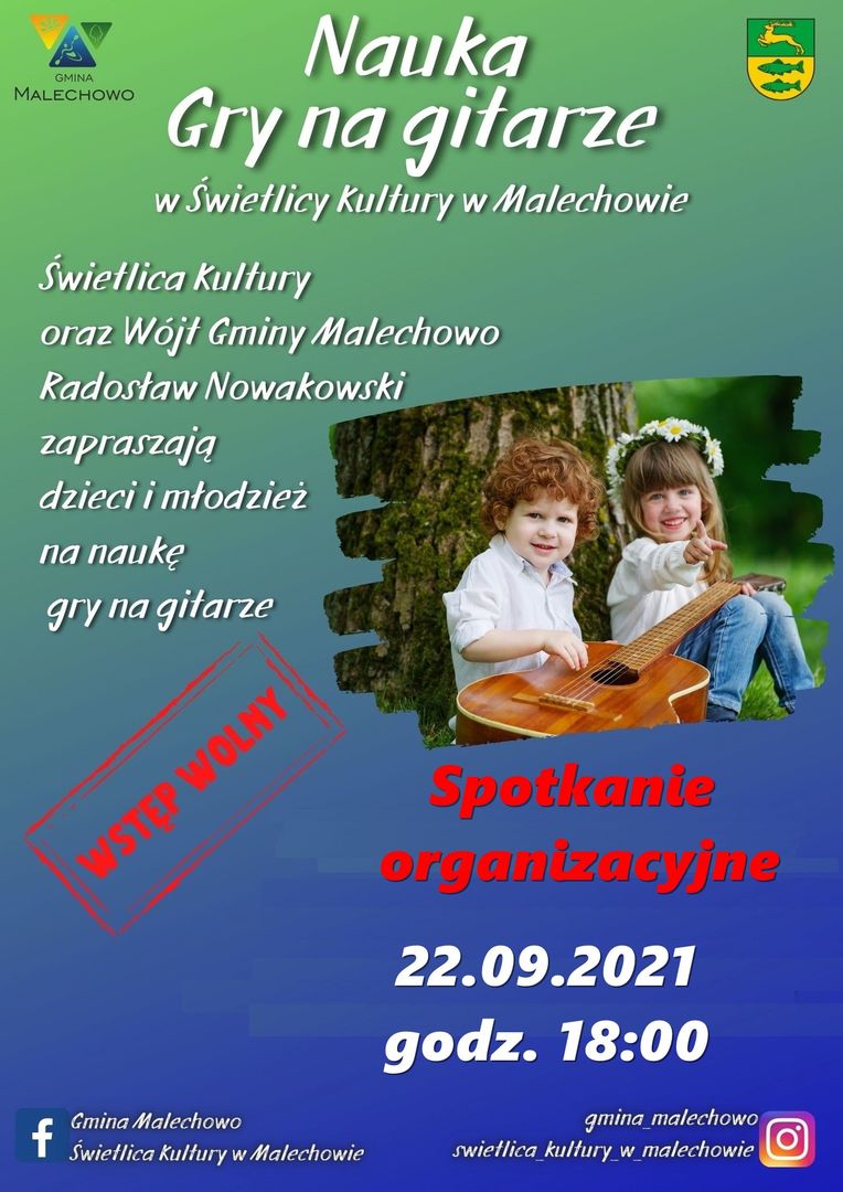 Plakat informujący o spotkaniu organizacyjnym w sprawie zajęć gitary w Świetlicy Kultury w Malechowie.