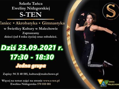 Plakat informujący o pierwszych zajęciach akrobatyki w Świetlicy Kultury w Malechowie.