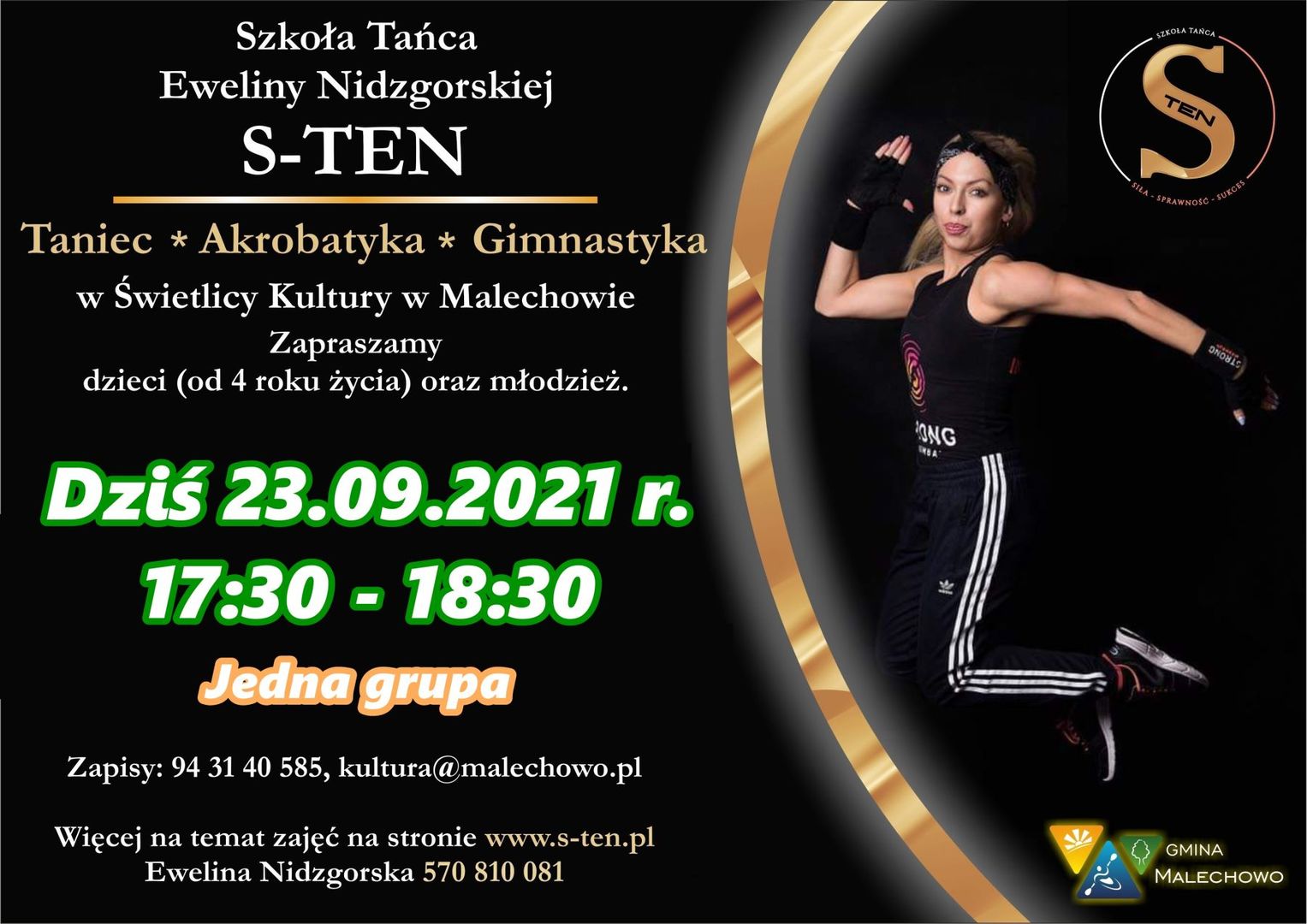 Plakat informujący o pierwszych zajęciach akrobatyki w Świetlicy Kultury w Malechowie.