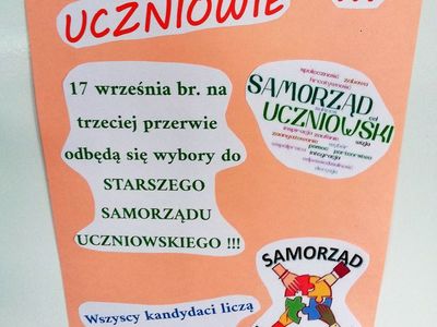 Plakat dotyczący wyborów do Samorządu Uczniowskiego. 