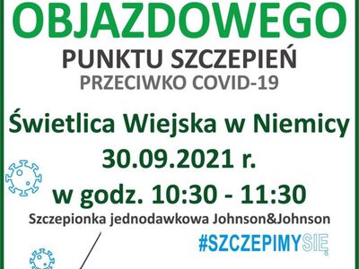 Plakat dotyczący Objazdowego Punktu Szczepień w Niemicy.