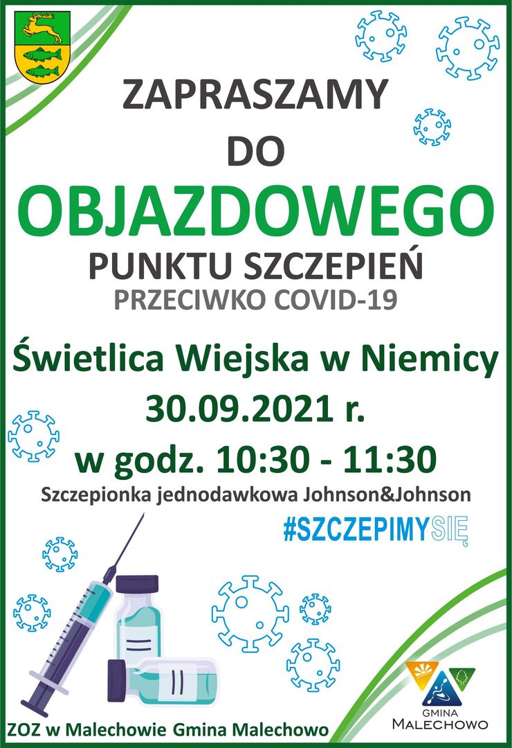 Plakat dotyczący Objazdowego Punktu Szczepień w Niemicy.