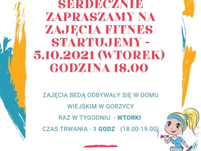 Plakat informujący o zajęciach fitness w Domu Wiejskim w Gorzycy.
