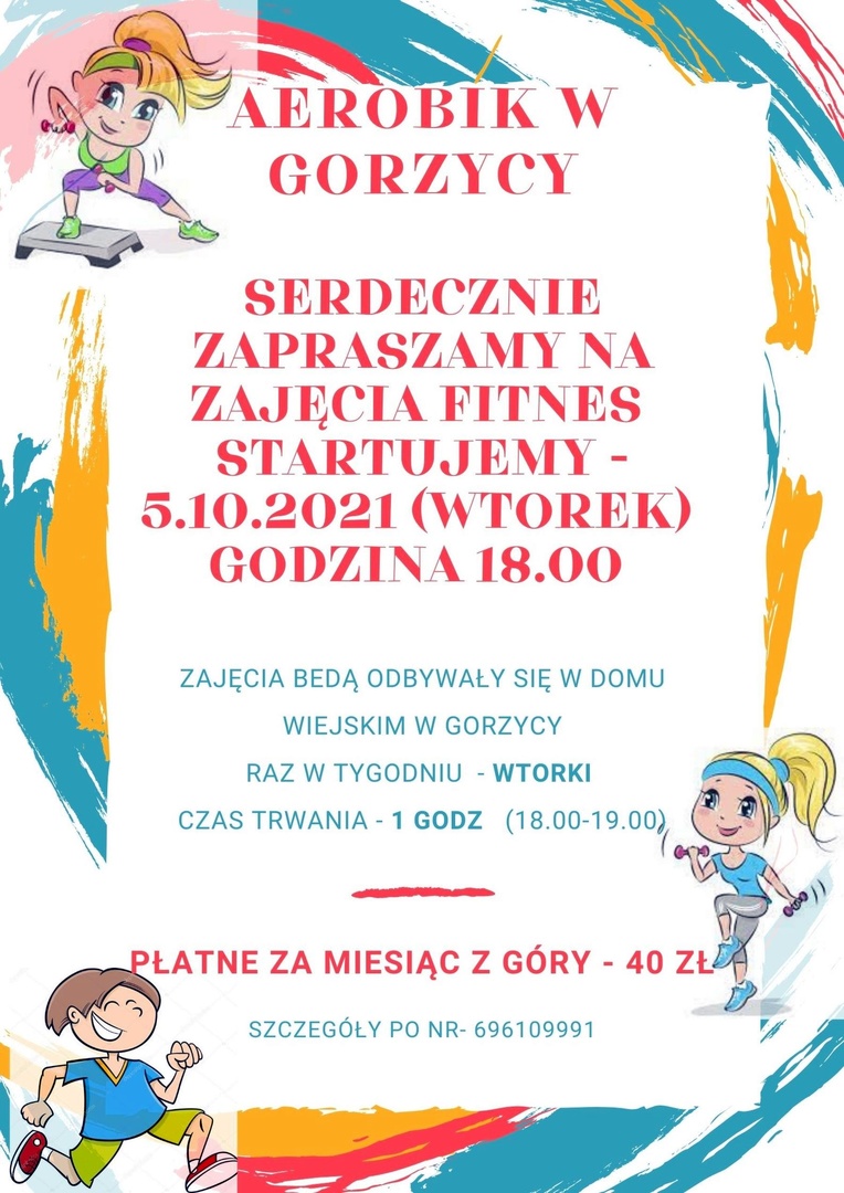 Plakat informujący o zajęciach fitness w Domu Wiejskim w Gorzycy. 